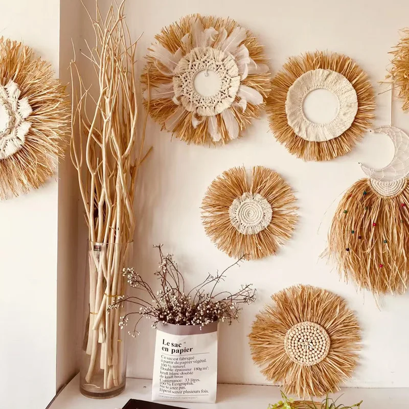 

Raffia Woven Wall Hanging, Japanese Moroccan Style Grass Decor for Hotel B&B, Wooden Frame Wall Art