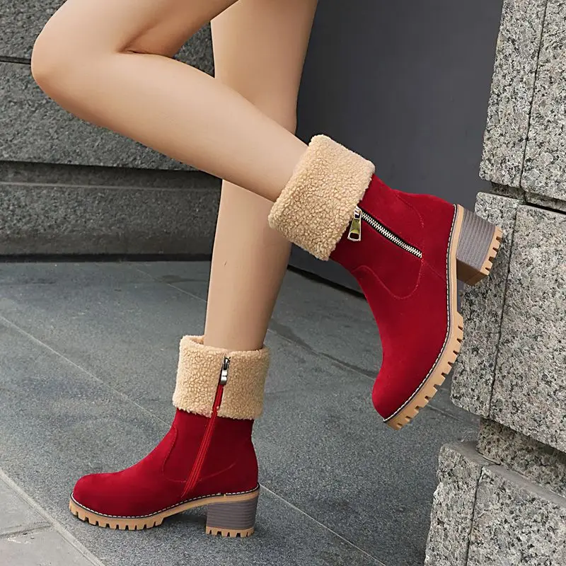 SIMLOVEYO المرأة منتصف العجل الأحذية جولة تو 6 سنتيمتر كتلة كعب سستة قطيع الجلد المدبوغ في الهواء الطلق شتاء دافئ تصميم المتضخم حجم 43 عادية #5