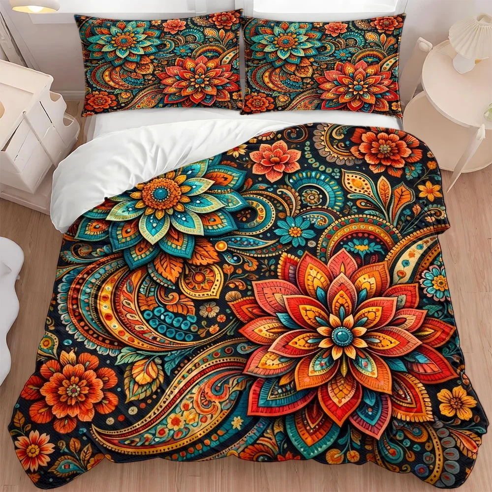 3Pc Ethnic Style Mandala Flower Duvet Cover Set, Three-Piece Bed Set (1*Duvet Cover + 2*Pillowcases), Suitable for All Seasons, Machine Washable, Invisible Zipper Double Bed Cover, Suitable for Home, Dormitory, Master Bedroom, Guest Room, Large Bed Set, Vintage Paisley Pattern Bedding, Printed Duvet Cover, Soft and Skin-Friendly Three-Piece Bed Set, Amazon Best-Selling Bed Cover Set, Exotic Style Decorative Bedding Set 2D Flat Print