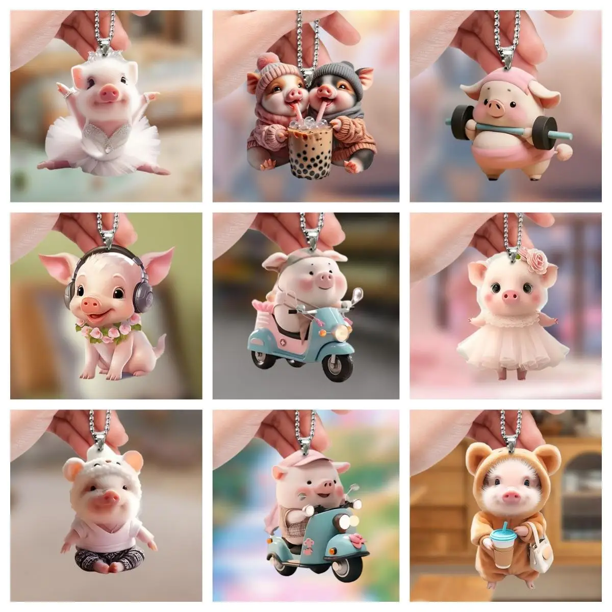 Fashion Cute Piggy Car Interior Pendant Keychain Cartoon Princess Ballet Milk Tea Pig  Schoolbag Accessories Keyfob Jewelry Gift