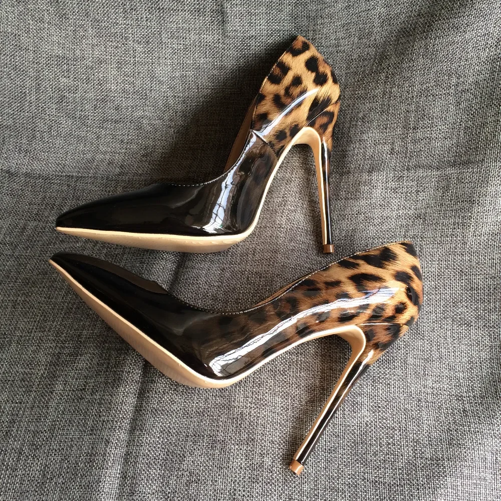 12cm sexy patent leather leopard print gradient high heels, slim heels shallow mouth single shoes, model plus size women's shoes