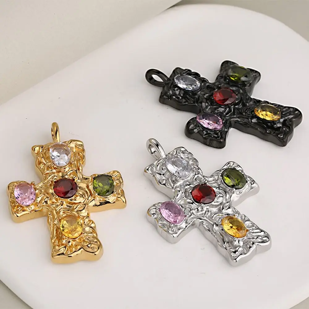 New Stainless Steel Cross Hammered Colorful Crystal Zirconium Pendant Necklaces Charm Women Men