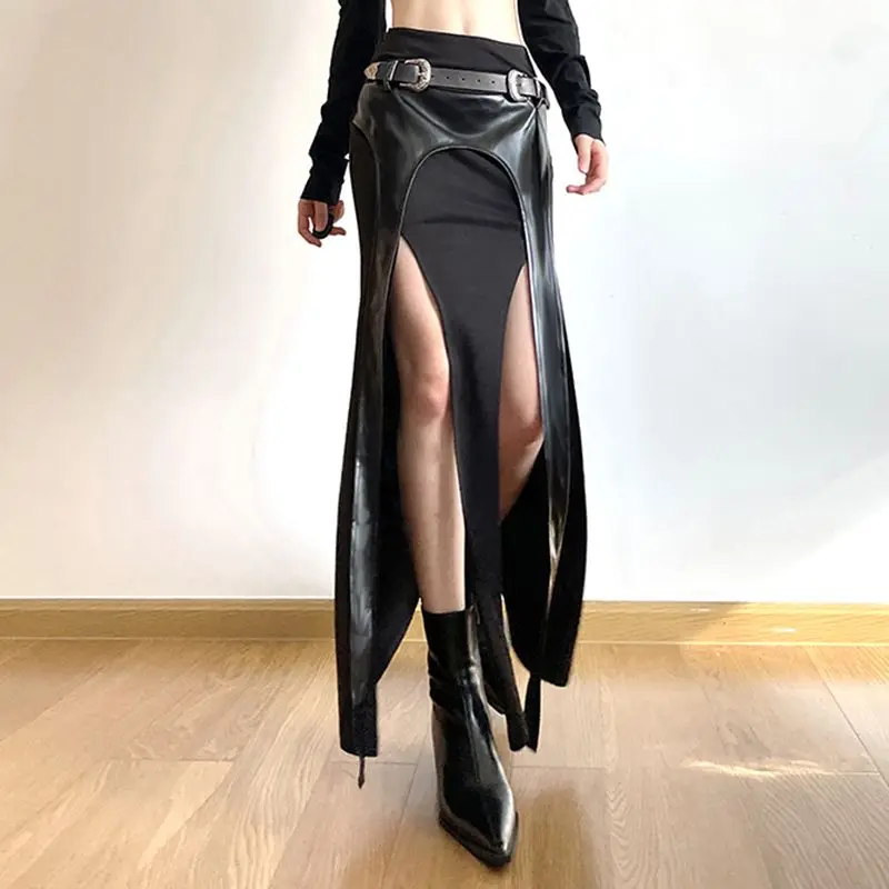 Motorcycle Style Belt Patchwork Women Skirts 2025 Spring Summer Split Skirt Female Slim Waist Casual Irregular Fishtail Fillibeg