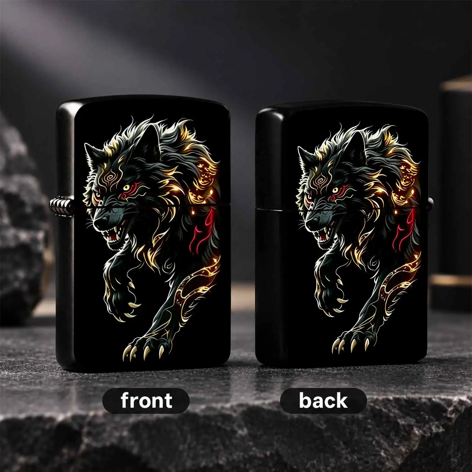 Mythical Dark Golden Fenrir Pattern Lighter, Stylish Glowing Divine Wolf Design, Portable Versatile Accessory For Outdoor Camping Daily Gathering Gifting, Exquisite Decorative Present For All Occasions A Humorou And Interesting Lighter