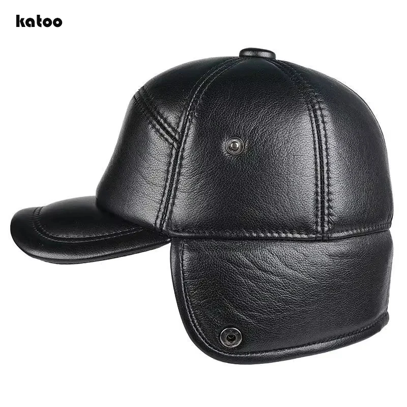 Men's Leather Hats Winter Outdoor Thicken Wram Real Leather Cowhide Baseball Caps keep warm With Ears Warm  Dad's Hats Sombrero