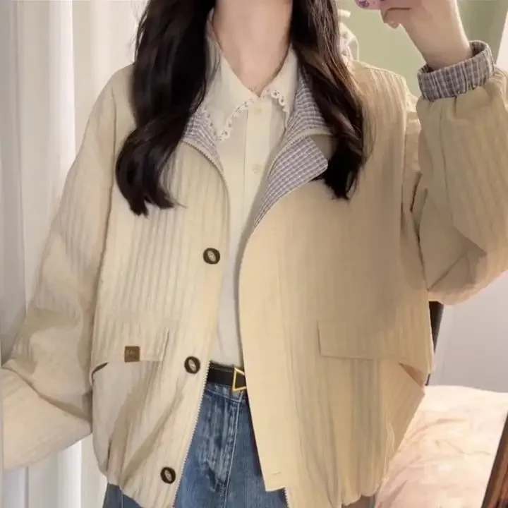 

Short Retro Japanese Style Women's Jacket Top Autumn New Plaid Color Block Stand Collar Coat Casual Small Size Friendly