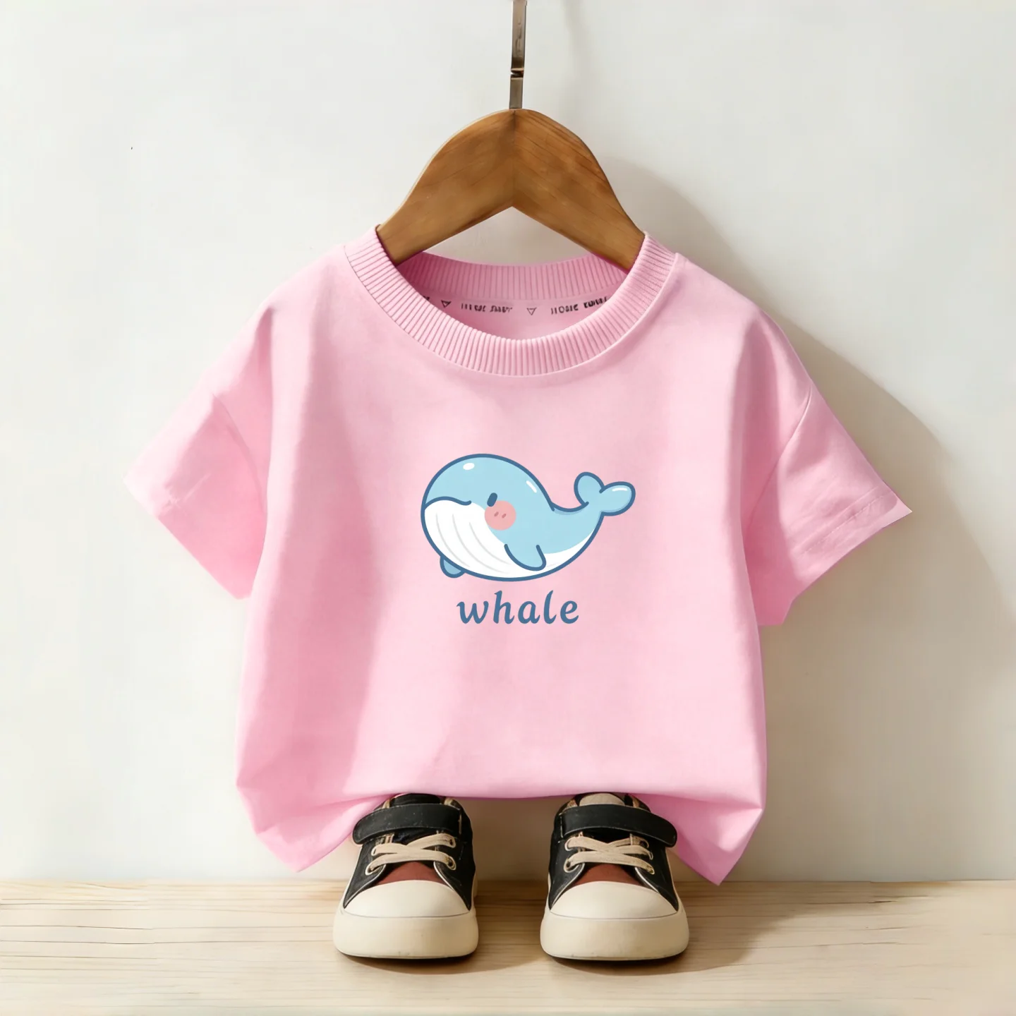 Cartoon Whale Print Children's Daily Short Sleeved Tshirt Boys and Girls Round Neck Short Sleeved Casual Parent-child Top Summer