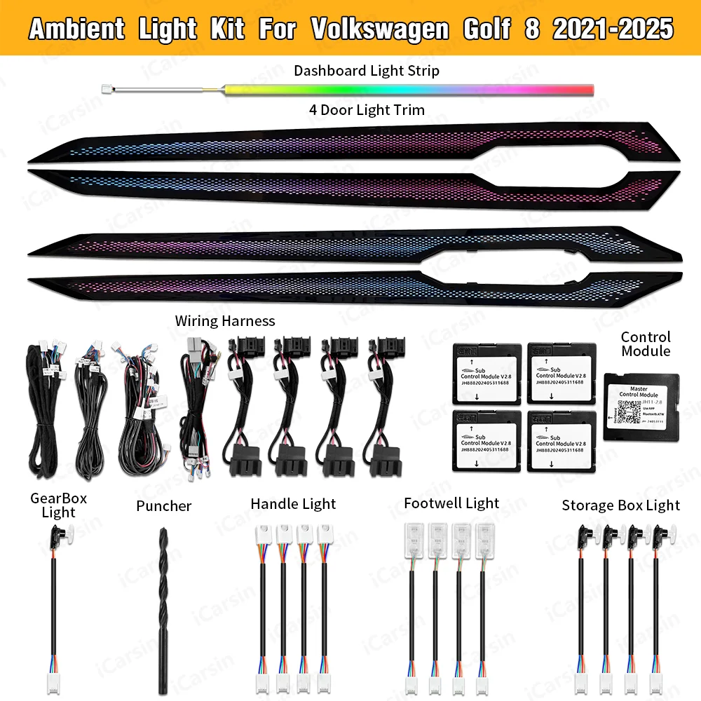Icarsin 64 لونًا ضوءًا محيطًا ديناميكيًا لسيارة VW Golf 8 Mk8 2021 + ملحقات ترقية إضاءة LED داخلية للتحكم في الشاشة