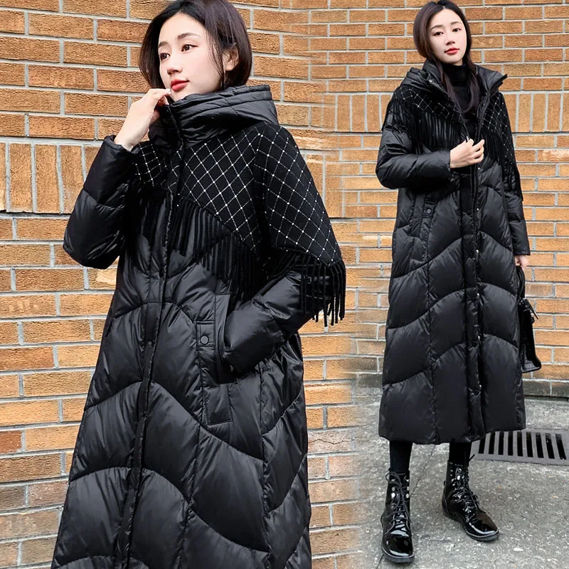 

New Women's Winter Warm Down Jacket Long Hooded Parker Overcoat Female Black Grid Fringe Splicing Cold 90% White Duck Down Coat