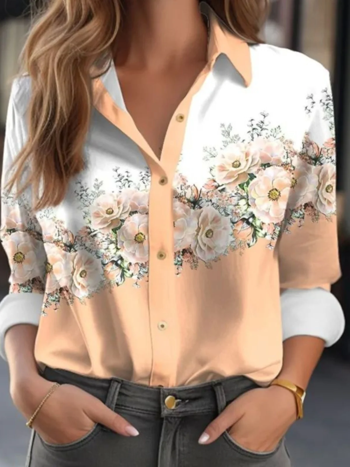Casual estampado floral largo Sve irt cuello vuelto Street Sle mujer primavera Faion corte recto otro material 00%