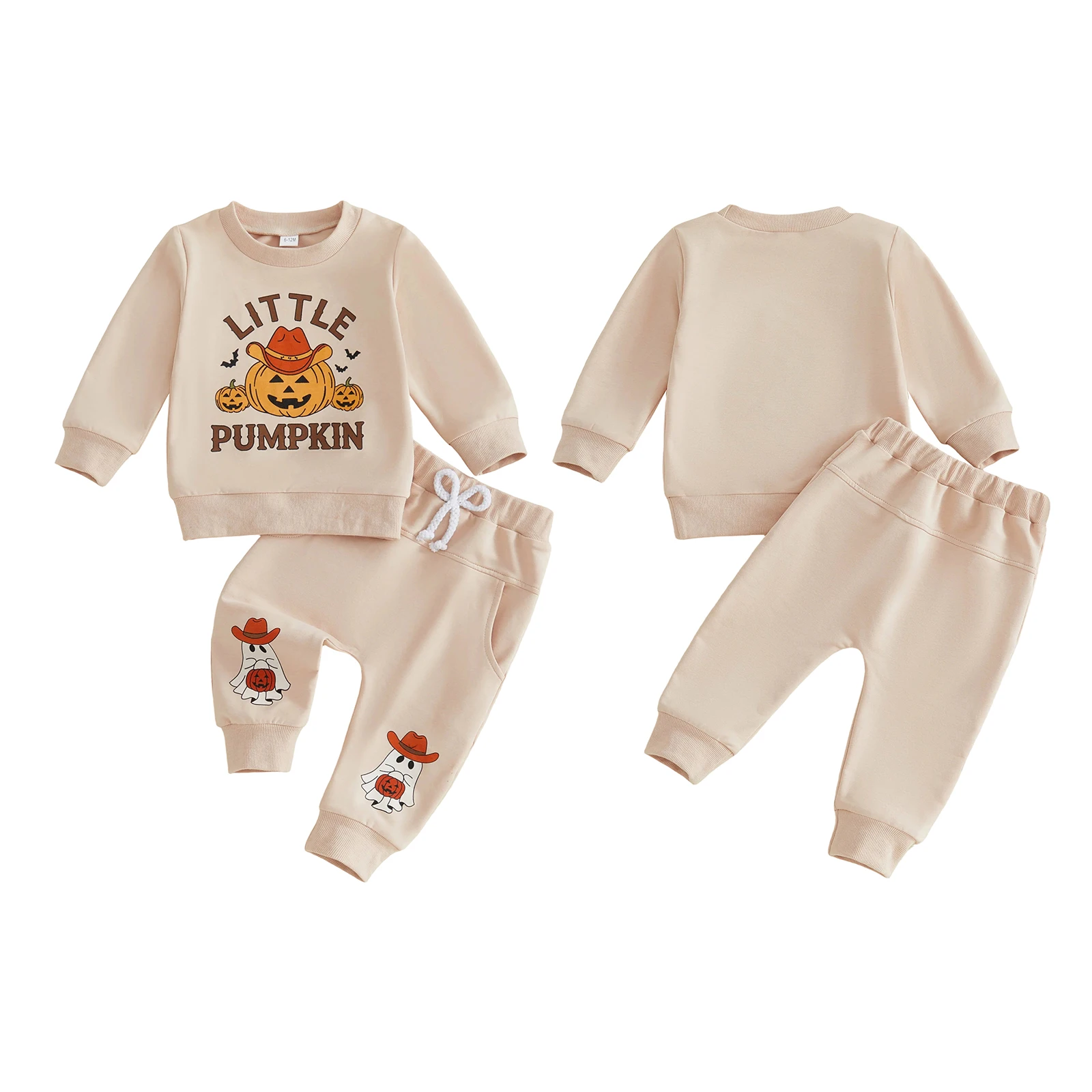 Toddler Boys Halloween Outfits Adorable Letter Pumpkin Print Long Sleeve Round Neck Tops and Elastic Waist Pants Set