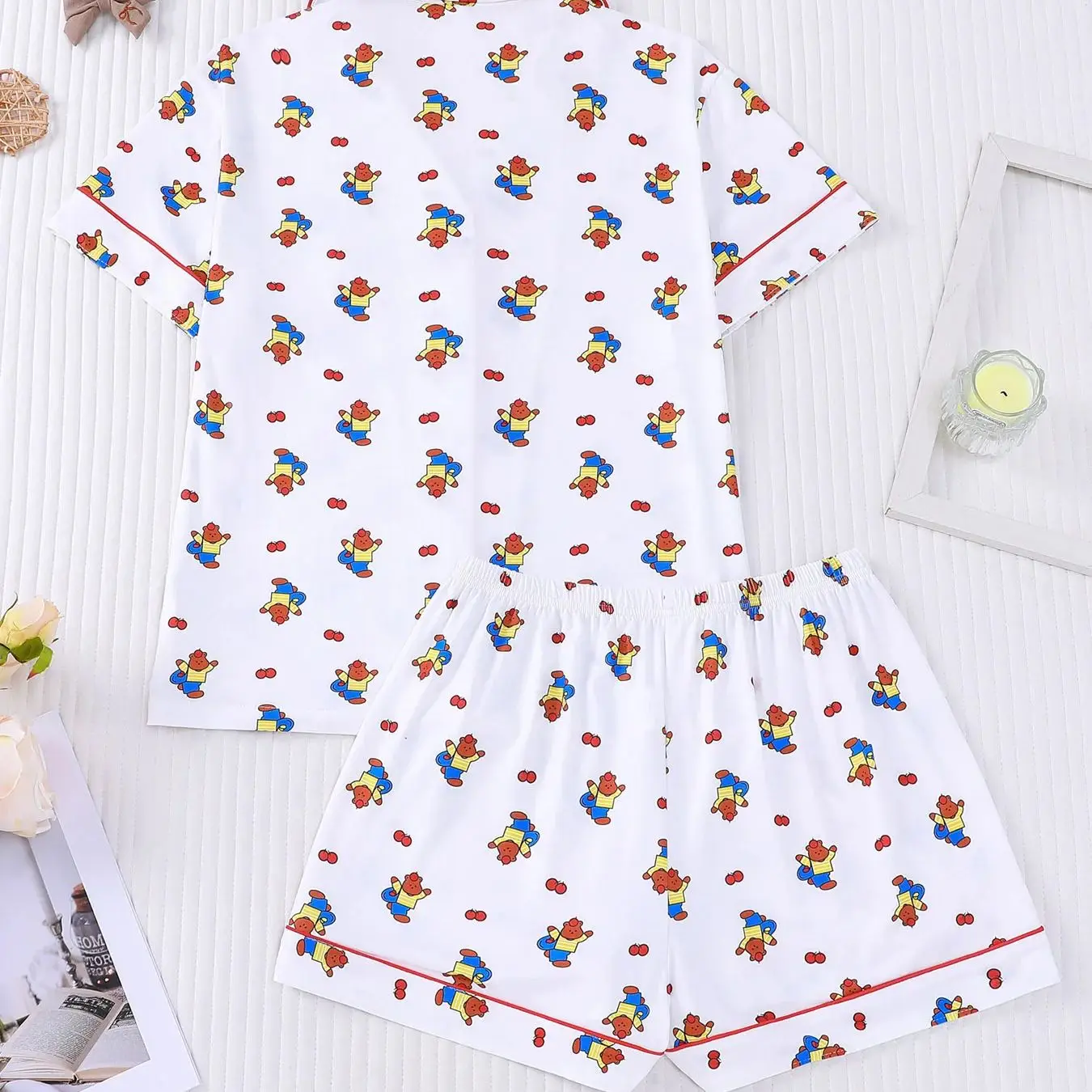 Summer Breathable Little Bear Cherry Pajama Women's Collar Short Sleeve Shorts Loose for Outerwear Home Two Piece Set