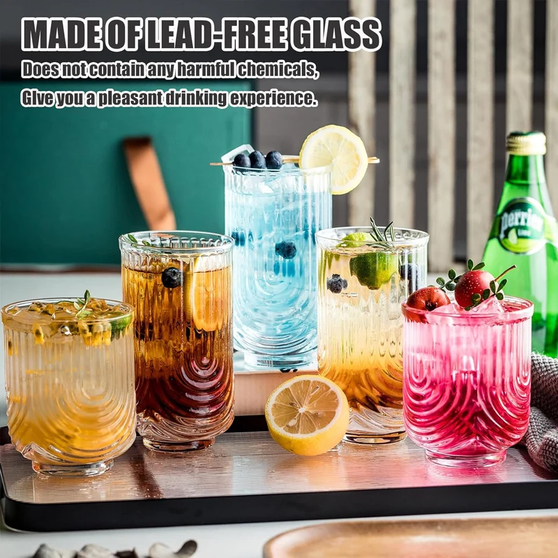 8 Pieces 14/12OZ Art Deco Cocktail Glass Highball Ribbed Glass Drinking Glass Set Unique Glassware Beverage Iced Coffee Cup Set