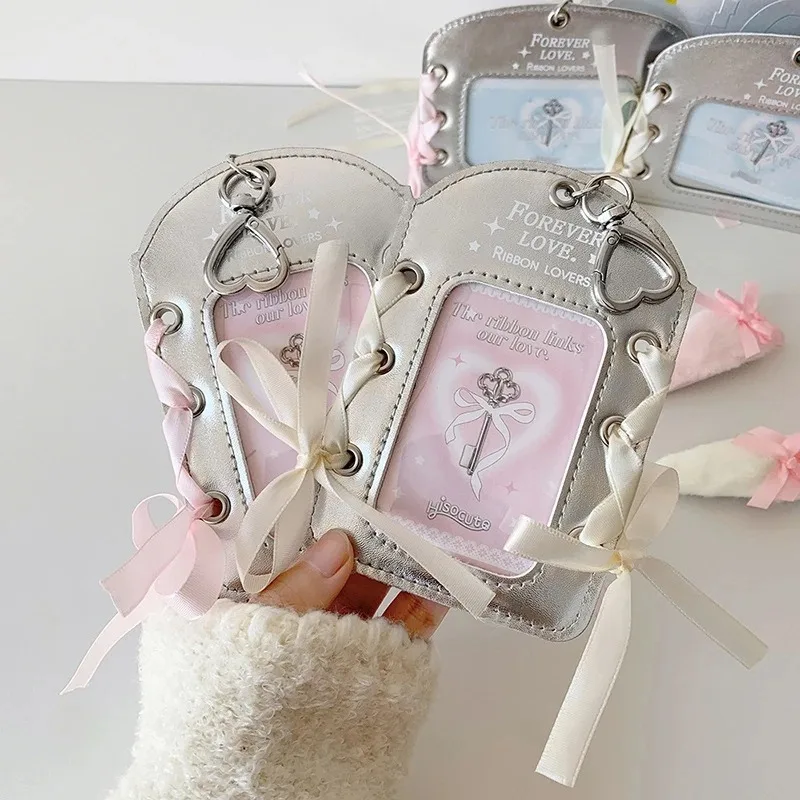 Lace Photocard Holder INS Style Silver PU Transparent Student ID Card Cover Case with Keychains DIY Bow Ribbon Decor
