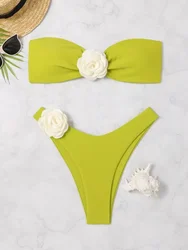 2025 New 3D Flowers Brazilian Stripless Bandeau Bikini Female Swimsuit Women Swimwear Two-pieces Bikini Set  Bathing Suit Swim