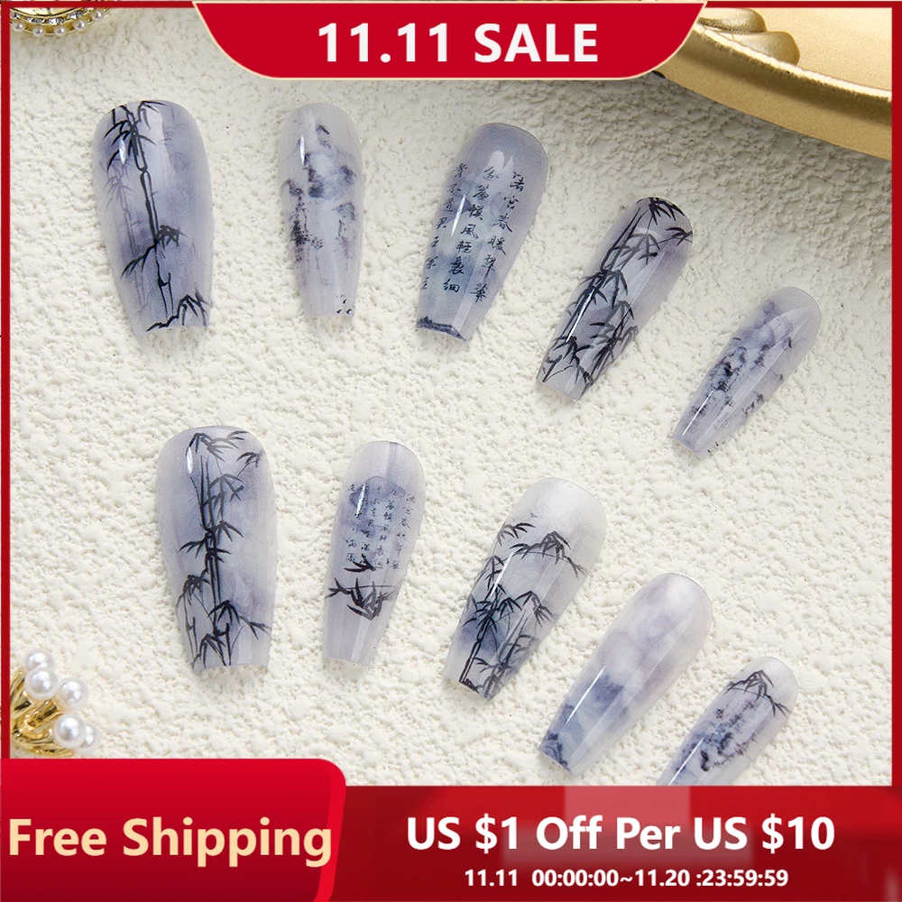 فن الأظافر على الطراز الصيني من الخيزران للنساء ، أظافر أكريليك ذات غطاء كامل قابلة لإعادة الاستخدام ، تصميم رسم شعري ، طقم أظافر بالضغط ، 10 أو #1