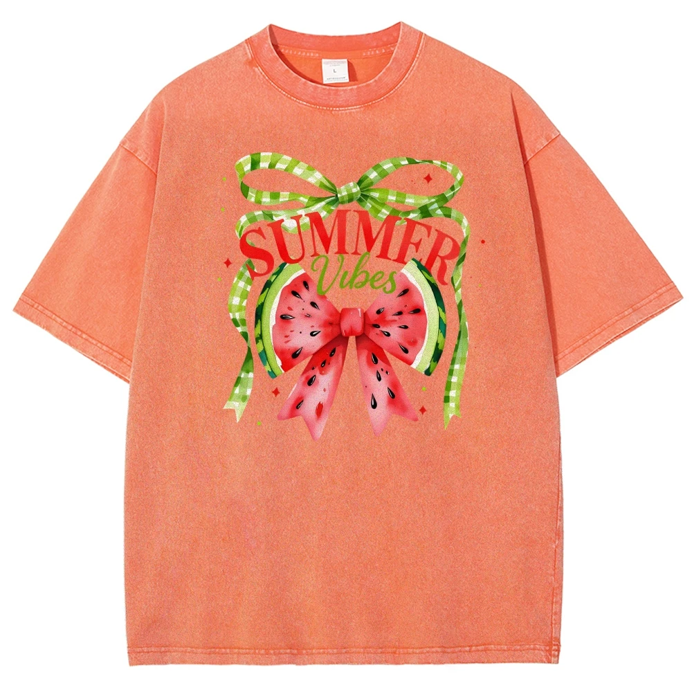 Summer Fresh Ladies T-Shirt Outfit Bow Watermelon Print Short Sleeve High Quality Cotton Fabric Loose Neutral T-Shirt