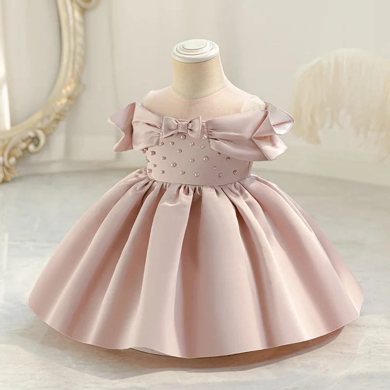 Children Elegance Dresses Girls Bow Pearl Accents Gentle Princess Party Gala Gown Kids Birthday Performance Skirt 1-6 Years Old