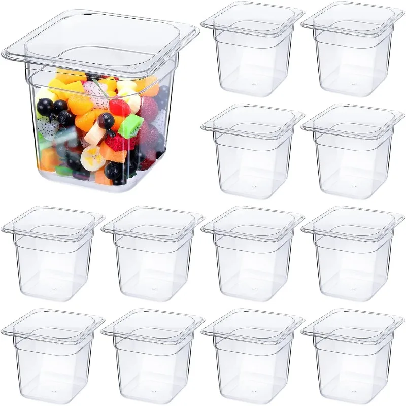 12 Packs Plastic Clear Food Pan 1/6 Size Stackable Polycarbonate Pan with Capacity Indicator Restaurant Commercial Hotel Pans