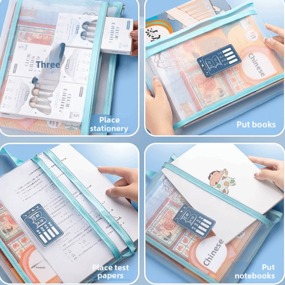 A4 Book Subject Storage Bag Large Capacity Double Zipper Classification File Bag Transparent Mesh Document Handbag School