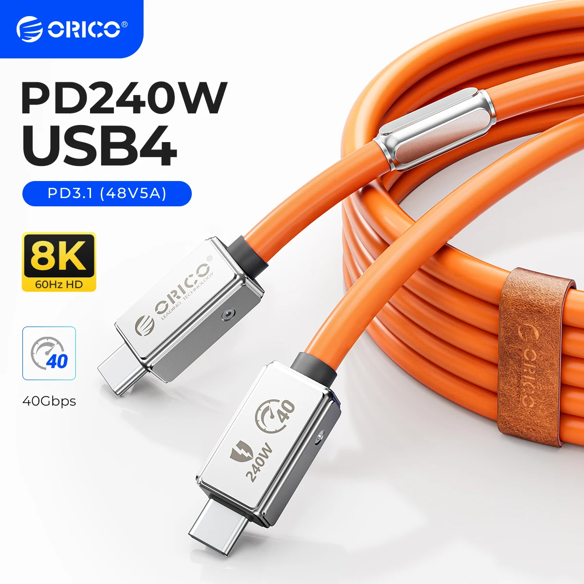 ORICO Cable USB4 240W Compatible Thunderbolt 4 Video 8K60Hz PD3.1 USB C Carga rápida Transferencia de datos Silicona para Macbook iPhone15