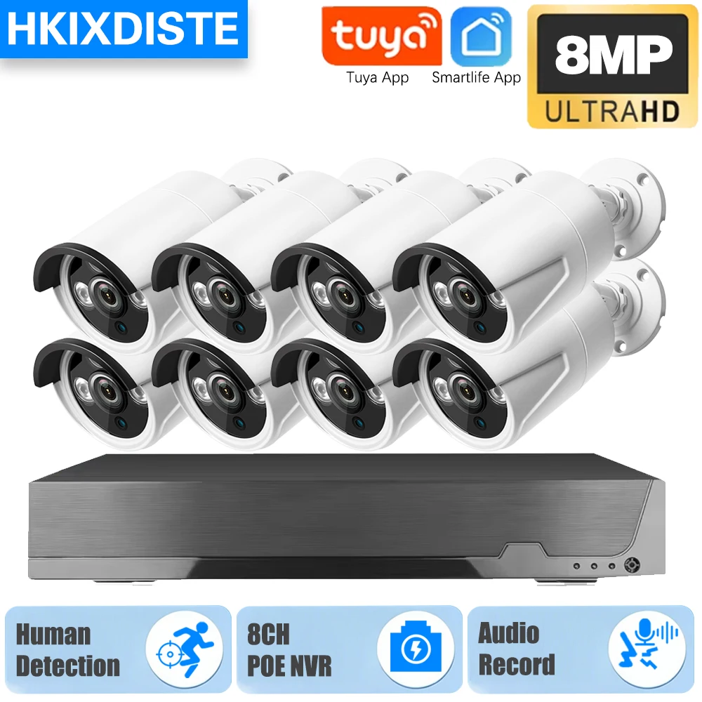 

Tuya 8MP POE Security Camera 8CH 4K NVR System Motion Detection CCTV Audio Record Surveillance Protection Kit IP66 Waterproof