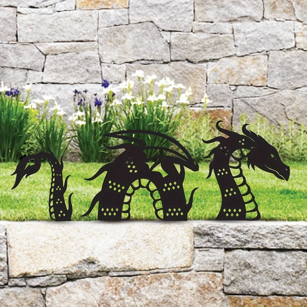 Juego de estaca de jardín de dragón mágico, decoración de silueta de Arte de hierro para patio, grande, decoración de Metal para exteriores, 3 piezas