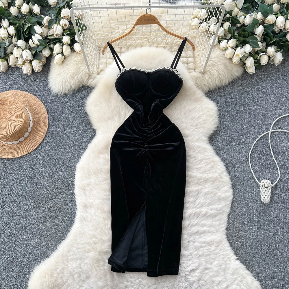 Robe crayon fendue en velours, Sexy, chic, sans manches, strass, mode coréenne, vêtements de soirée pour femmes