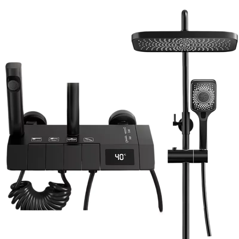 

Luxury Bathroom Brass Rainfall Shower System Ceramic Valve Core 12inch Shower Head Waterfall 4-Way Cold Hot Piano Key Shower Set