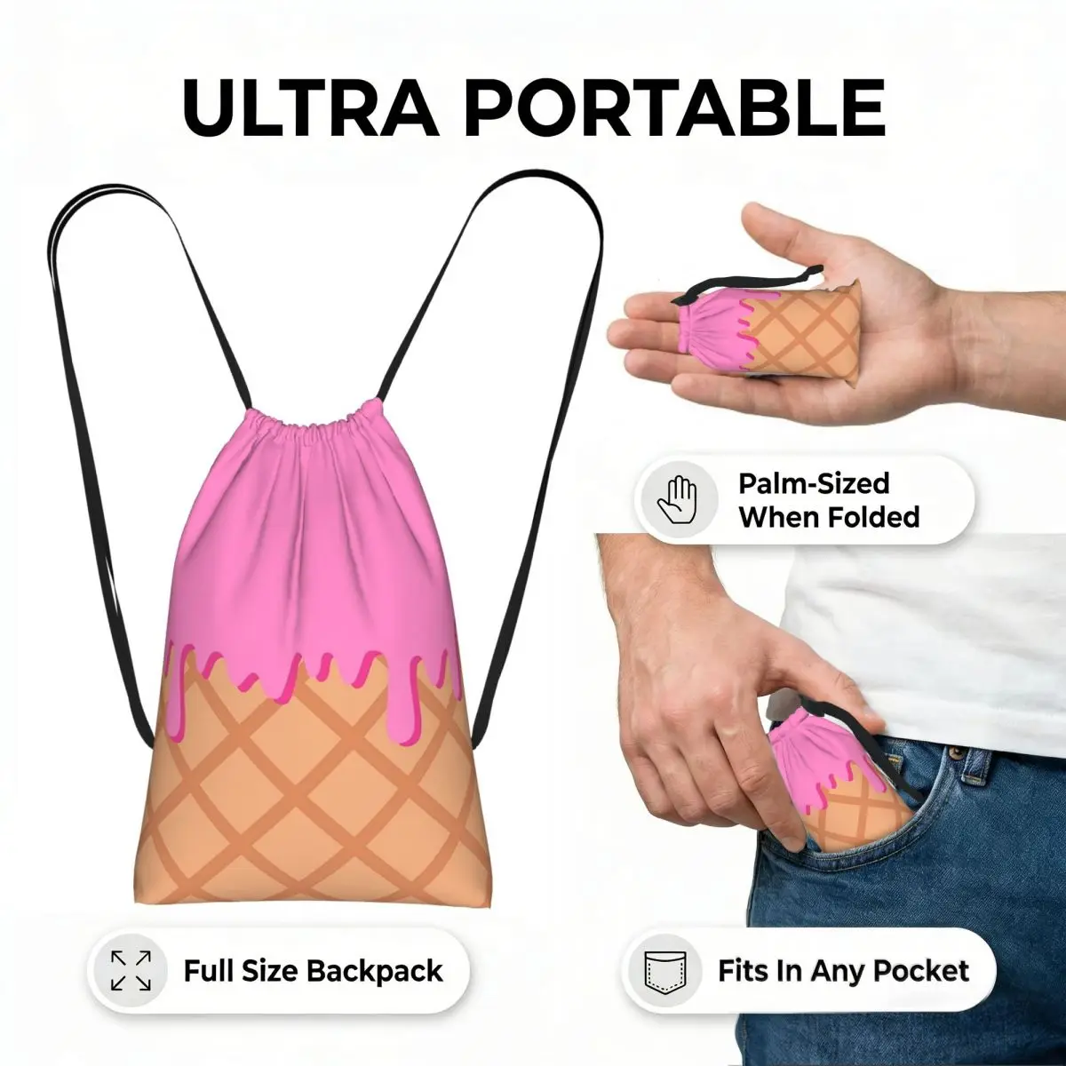Strawberry Ice Cream Drawstring Backpack hiking cycling Bag Portable Travel Drawstring Bag for Men Women