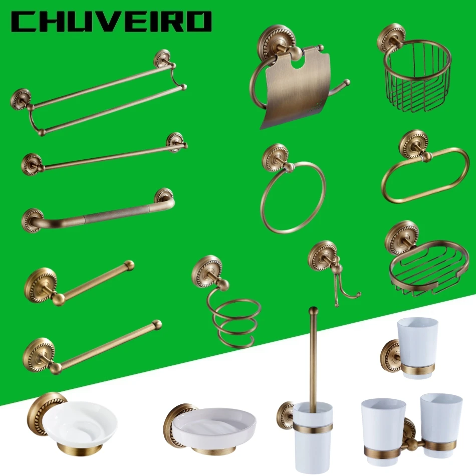 

Antique Bathroom Hardware Set Brass Toilet Paper Towel Rack Grab Bar Coat Hook Ceramic Shower Soap Dish Holder Hair Dryer Shelf