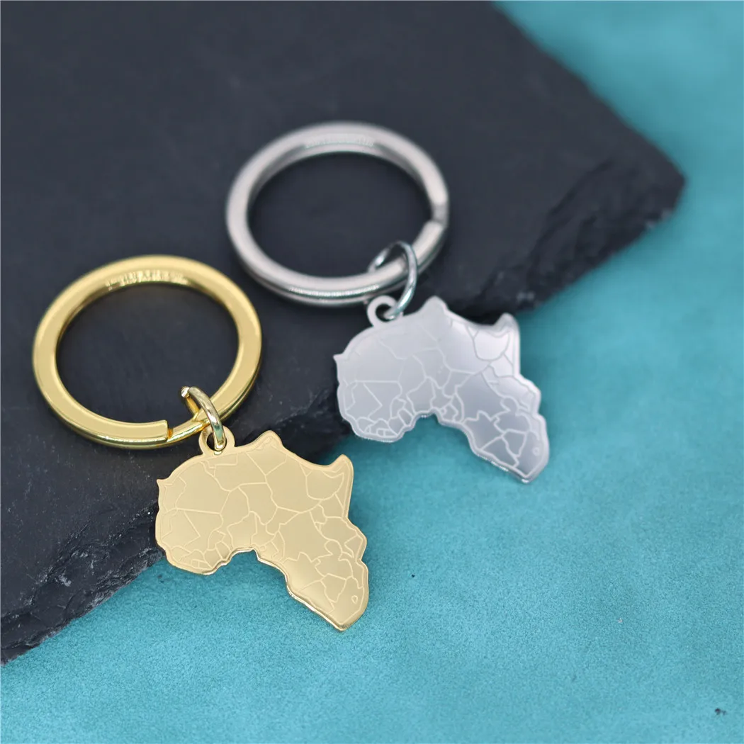 Africa Map With Tiger Face Pendant Key Chains Stainless Steel Keychain For Men Women Gold Color Ethiopian Jewelry Birthday Gift