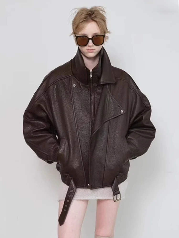 London Flat Double Collar Biker Jacket Women's Loose Fit Windproof Outerwear Autumn Winter New Style Vintage Zipper Closure