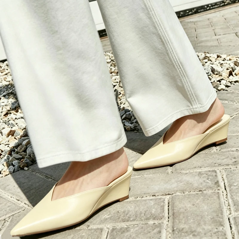 Women's Genuine Leather Wedge Sandals - Pointed Toe Summer Heels