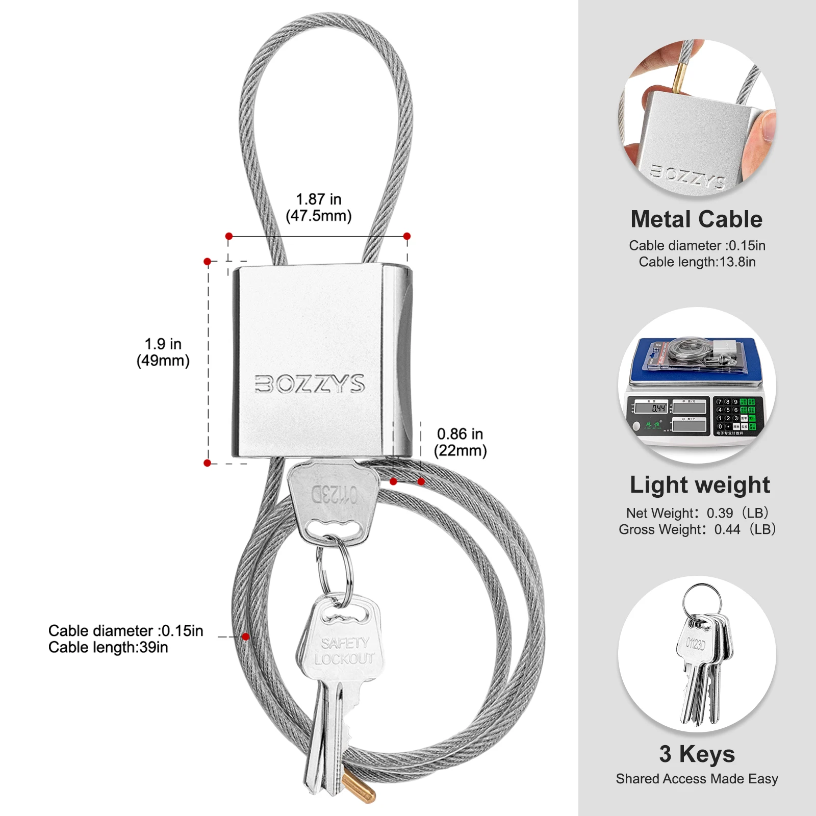 BOZZYS Adjustable Cable Lock with 3 Keys Aluminum Alloy Security Padlock for Bicycle Bike E-Bike Scooter and Helmet