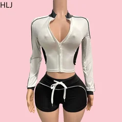 HLJ Black Casual Patchwork Sporty Shorts Two Piece Sets Women Zipper Long Sleeve Crop Top + Shorts Outfits Fashion 2pcs Clothing