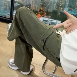 Spring Autumn Men's Clothing Elastic High Waisted Pockets Trousers Cargo Wide Leg Solid Color Korean Fashion Boyfriend Pants