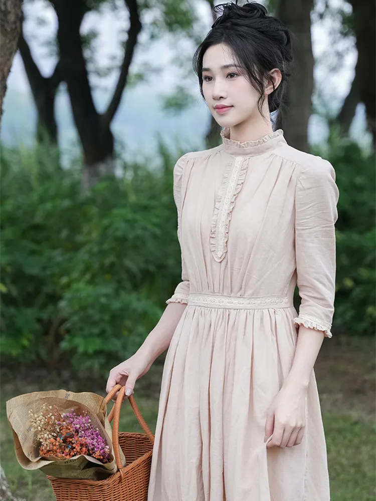 AIGYPTOS Dress For Women Spring Summer Vintage Elegant Slim Stand Collar Half Sleeve Long Dress vestido feminino robe femme été