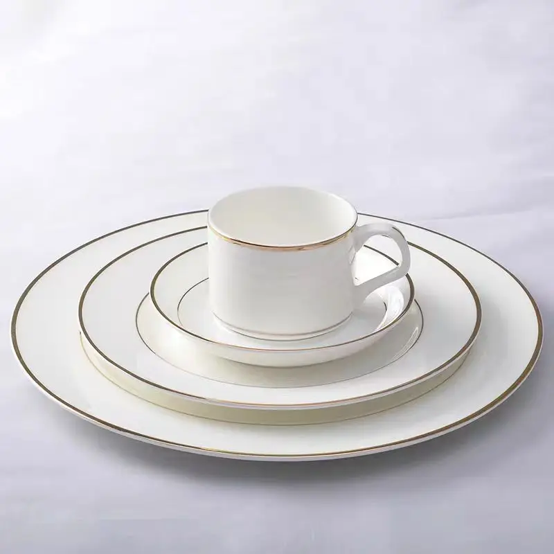 

Wourmth Bone china Tableware pure white Restaurant Gold and silver trim flat plate steak dish ceramic coffee cup dessert plate