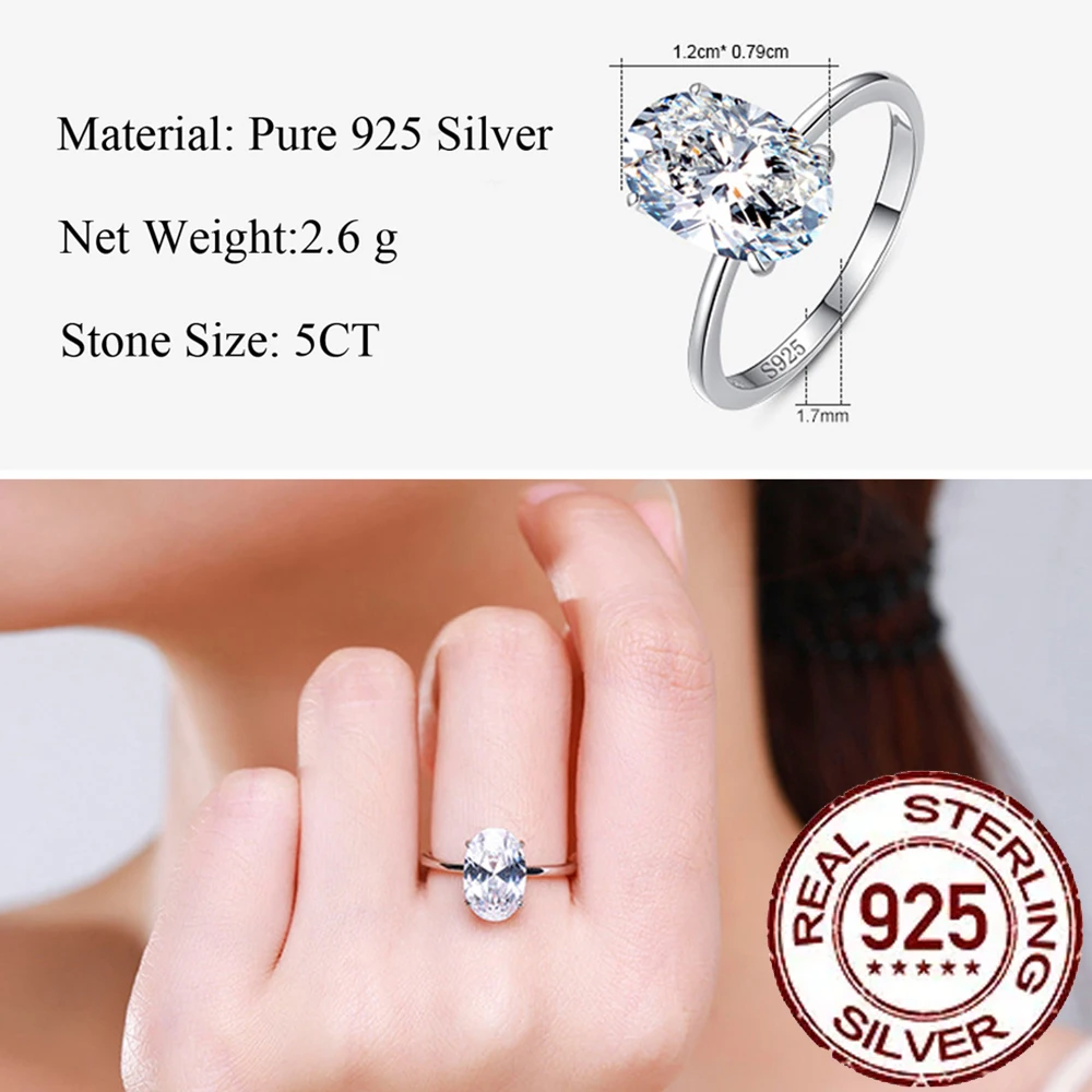 CWWZircons Luxury 925 Sterling Silver 5CT Oval Cubic Zircon Ring for Women Sparkling Wedding Band Jewelry Valentine's Gift SR006