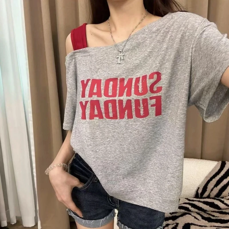 

Плюс размер с открытыми плечами и принтом, свободные уличные топы, женская одежда, летние новые трендовые модные футболки с короткими рукавами, сексуальные корейские