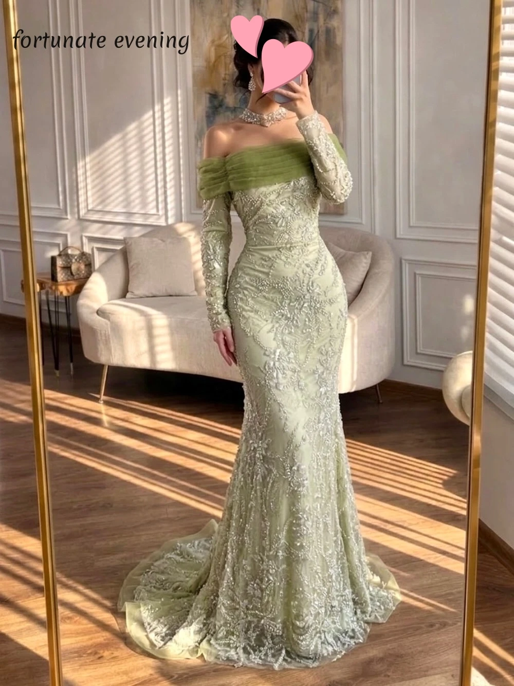 

Fortunate Evening Elegant Vintage Sweet Green Beads Lace Mermaid New Customized Formal Occasion Prom Dress Evening Party Gowns