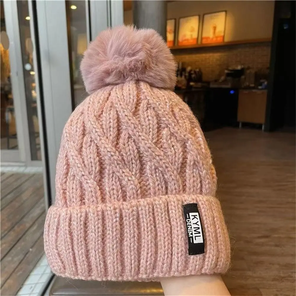 Casual Thickened Winter Hat Keep Warm Knitted Cap Pompoms Hat Women