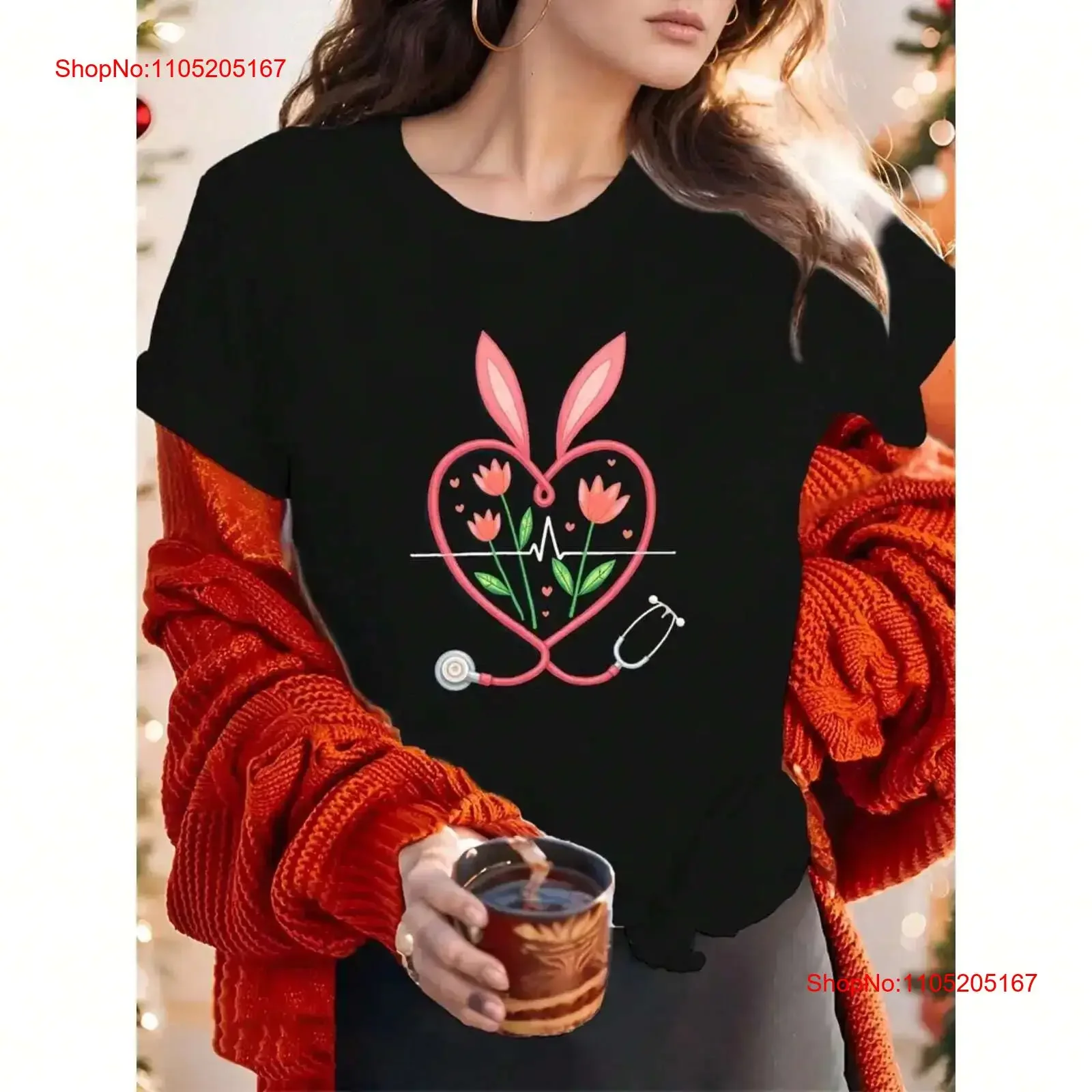 

Women's Flower and Stethoscope Rabbit Ear Heart shaped T shirt vintage Washed Top For Everyday Wear Unisex Versatile homme