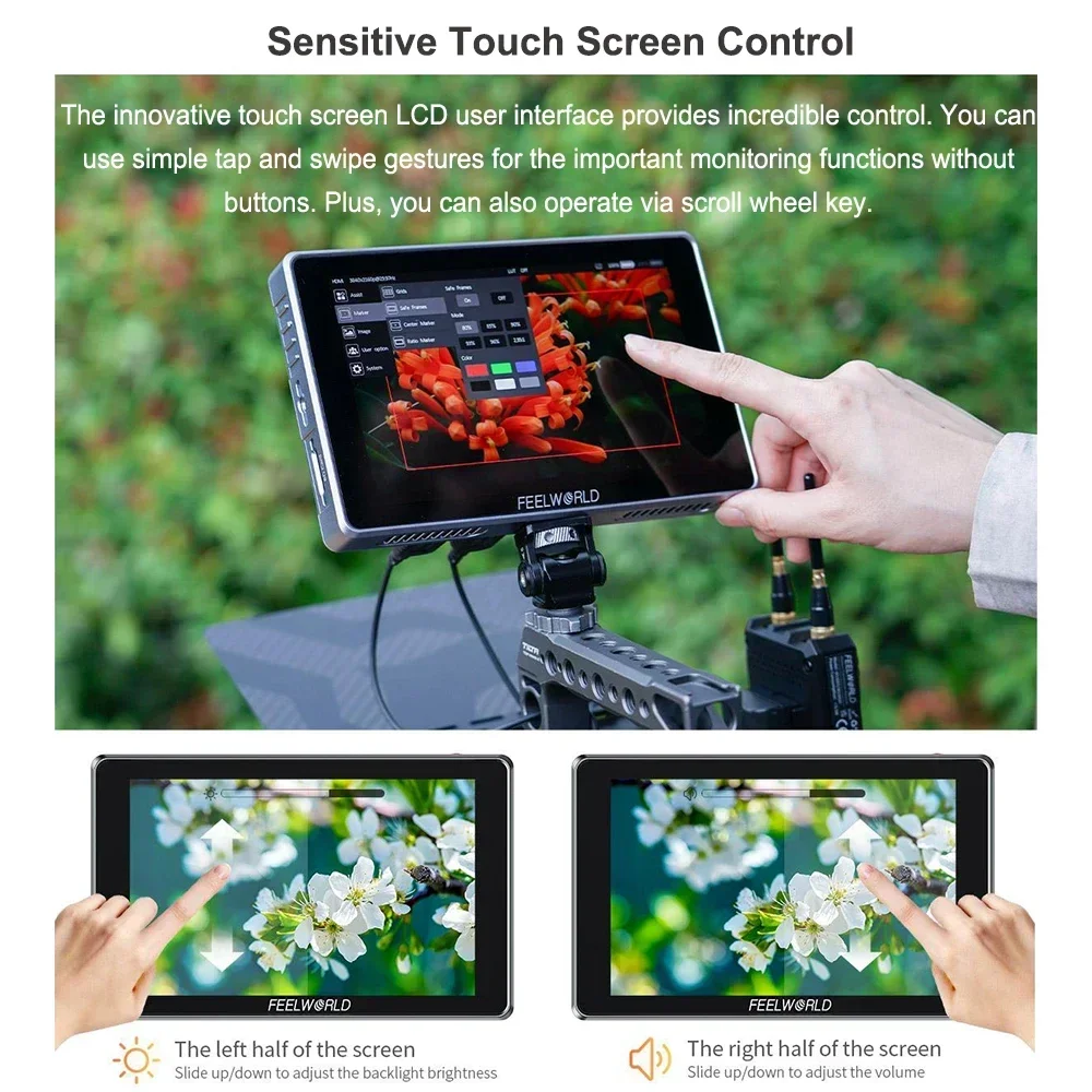 FEELWORLD S7 7 polegadas 12G-SDI HDMI2.0 Monitor de campo de câmera 4K HDMI HDR/3D LUT Alto brilho 1600nit Touchscreen 1920x1200 pixels