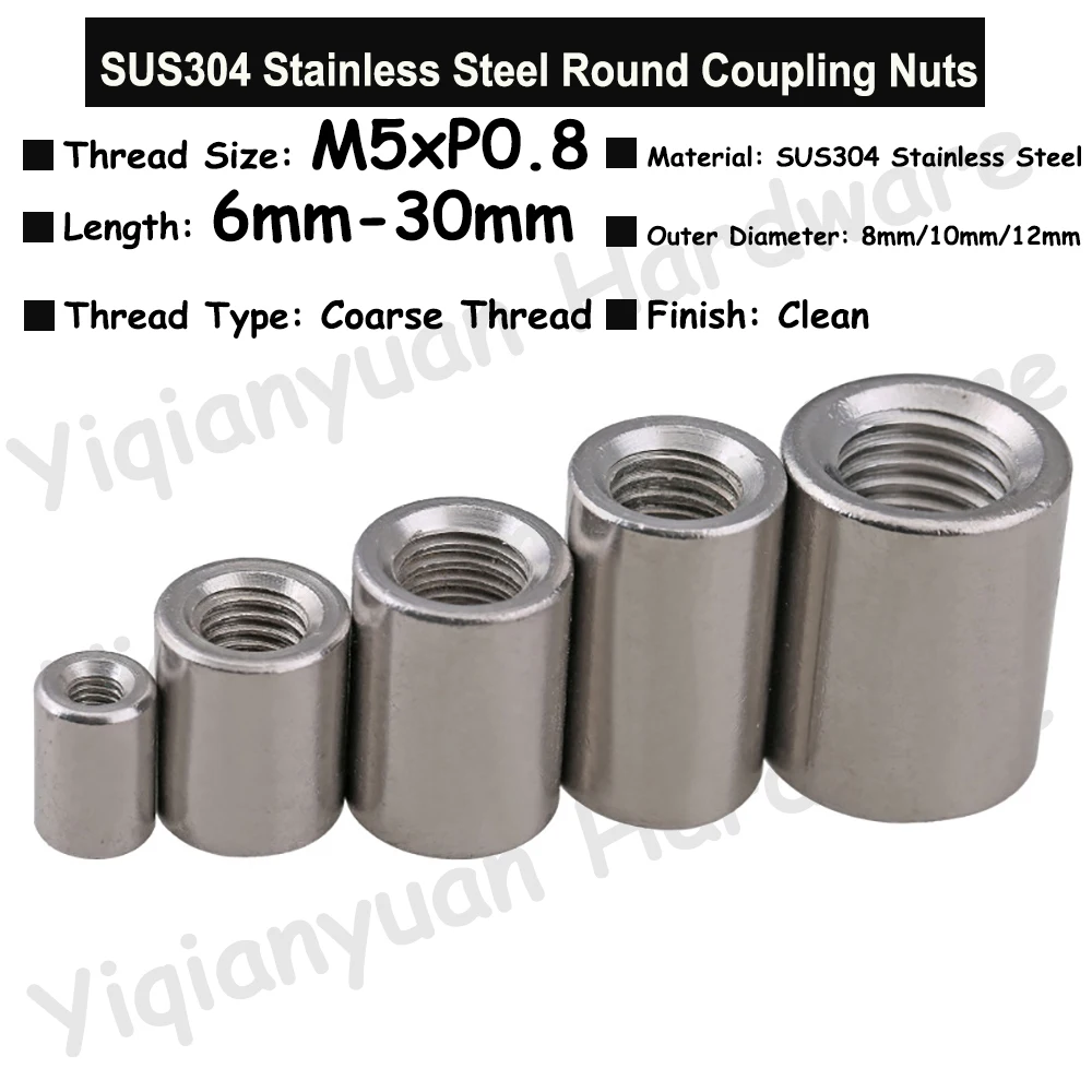Yiqianyuan 2Pcs-4Pcs M5xP0.8 Extended Length Stainless Steel Round Coupling Nut Tubular Connector Joint Sleeve for Pipe Fi