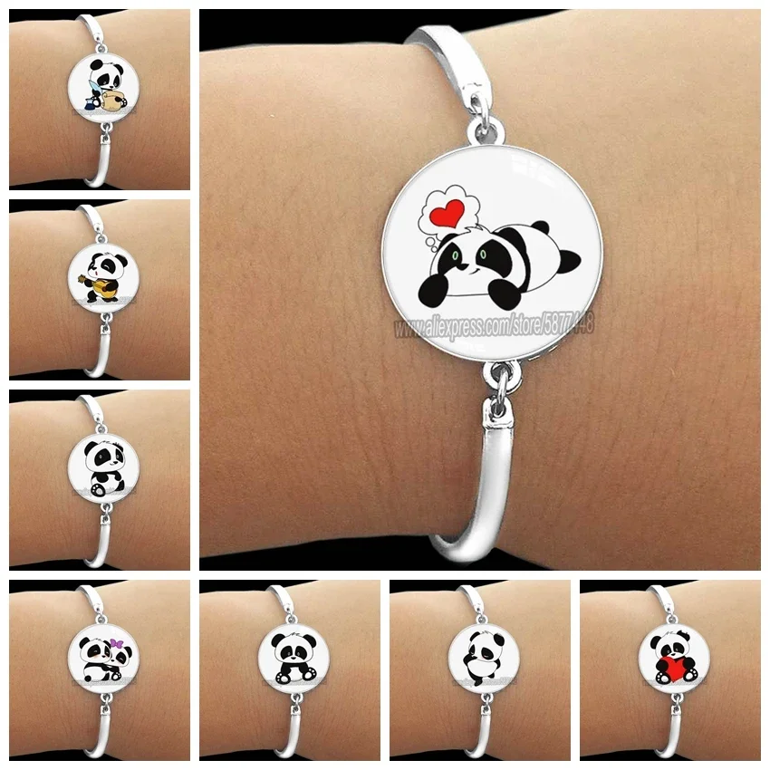 NEW Fashion Cute Furry Panda Print Glass Bracelet for Women Jewelry Alloy Adorable Animal Bangle Gift for Girlfriend or Daughter