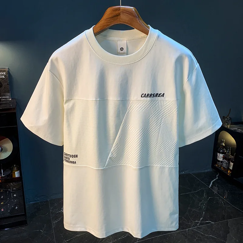 Wysokiej klasy T-shirt męski lato 2025 haftowany, luźny, oddychający, elastyczny krój łączony top z krótkim rękawem