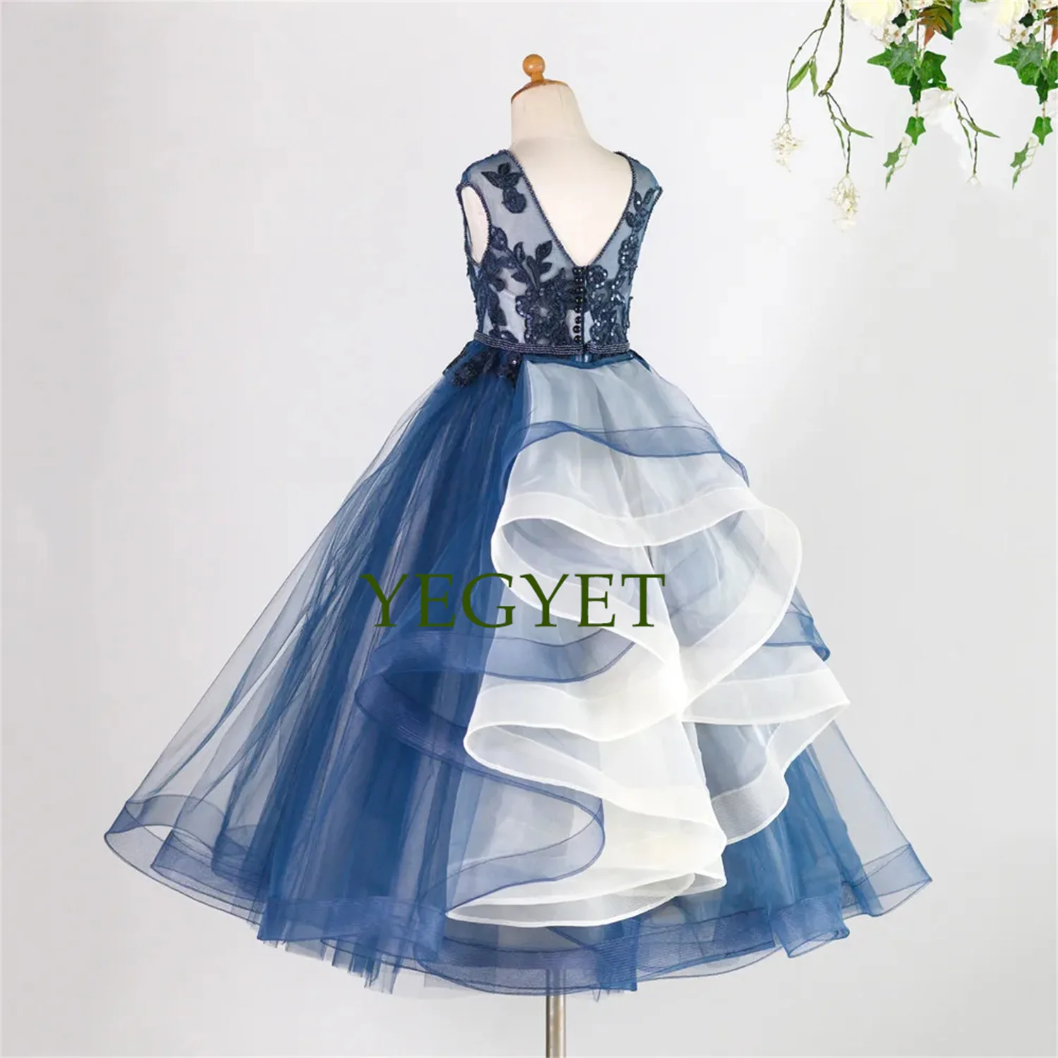 

Vintage Tulle Lace Kids Flower Girl Dresses Layers Skirt First Communion Dress Backless Long Tail Backless Dresses