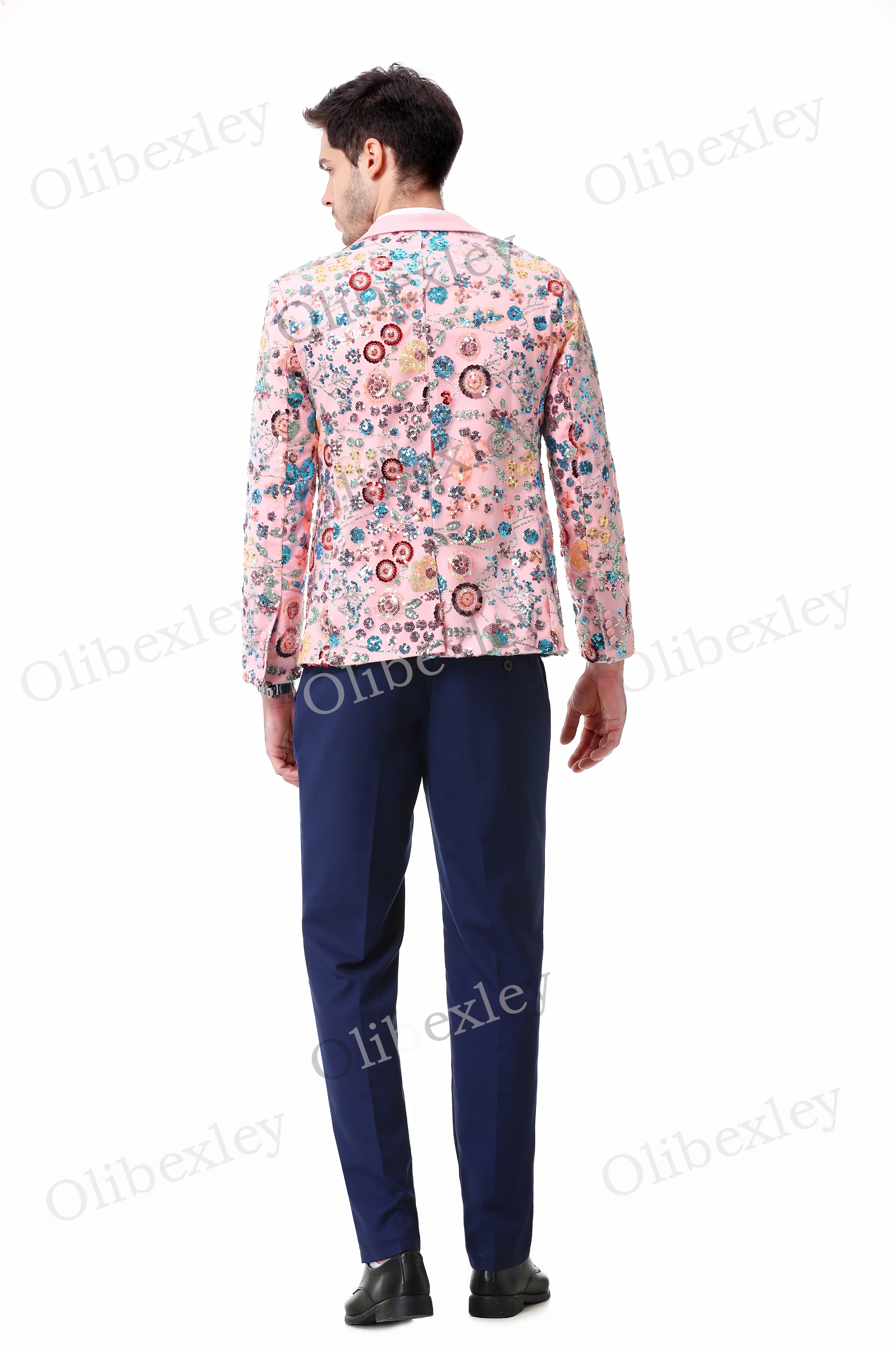 Olibexley Men's 2 piece suit One button Sequined Slim Fit Pink Jacket Suitable Weddings Groom Business Dinner Partys